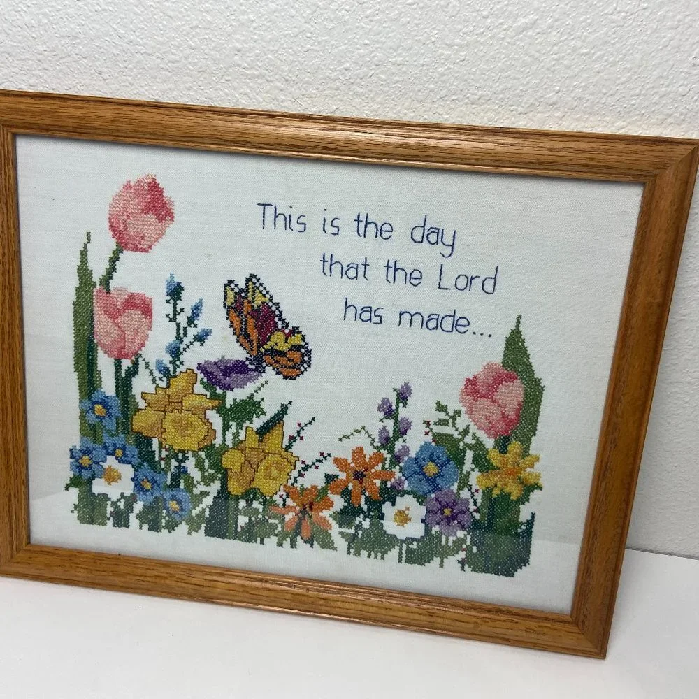 Vintage Cross stitch Flowers Butterfly Wooden Frame Handmade